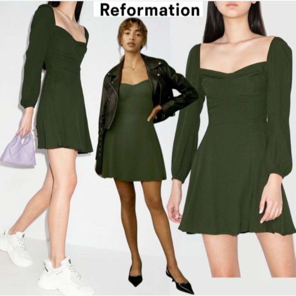 Reformation Mochi Mini Dress 6 Fern Green Long Sleeve Sweetheart Neckline